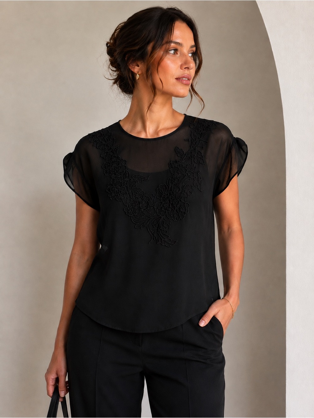 Guess Black Embroidered Sheer Blouse XS Floral Appliqué Short Sleeve